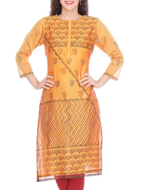 Orangish yellow printed chanderi kurta - 12091111 - Very Small Image - 1