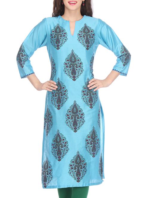 Turquoise printed chanderi kurta - 12091122 - Very Small Image - 1