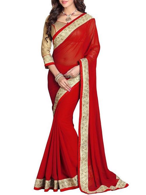 red georgette printed saree with blouse - 12094950 - Very Small Image - 1