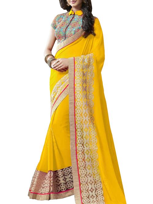 yellow  bordered saree saree with blouse - 12097117 - Very Small Image - 1