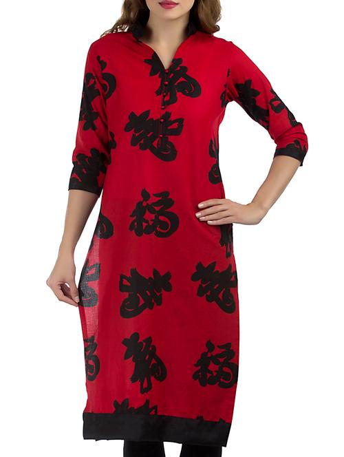 red cotton straight kurta - 12100442 - Very Small Image - 1