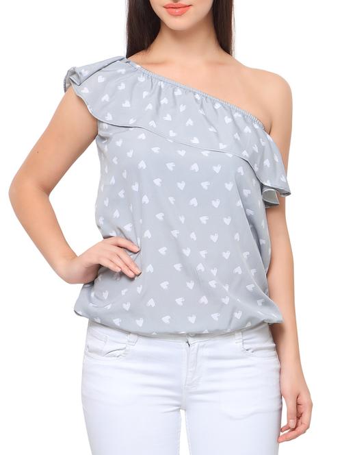 grey printed crepe ruffle top - 12104571 - Very Small Image - 1