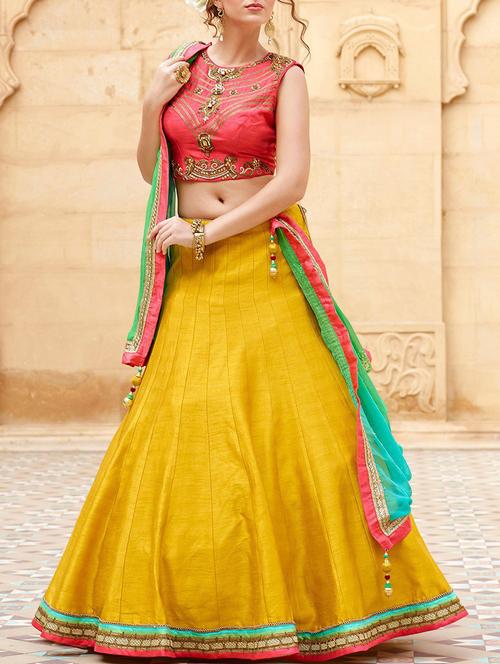 yellow silk flared lehenga - 12105404 - Very Small Image - 1