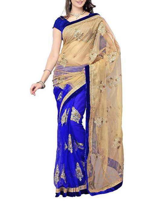 beige & blue half & half saree with blouse - 12105616 - Very Small Image - 1
