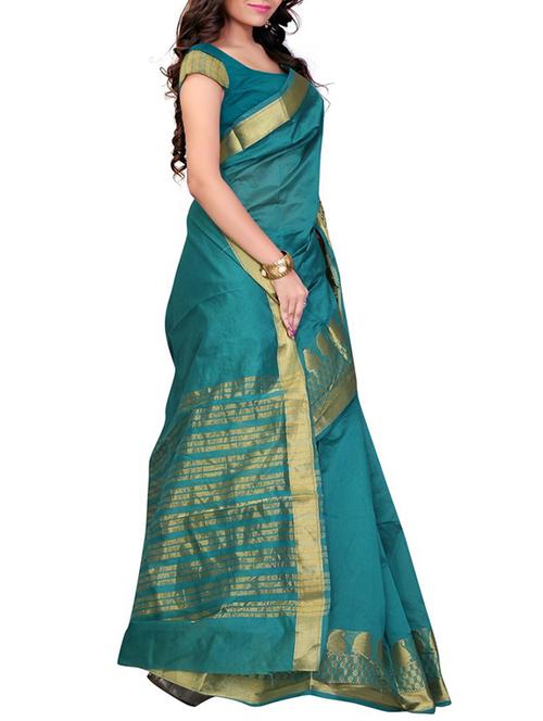 turquoise art silk bordered saree with blouse - 12106459 - Very Small Image - 1