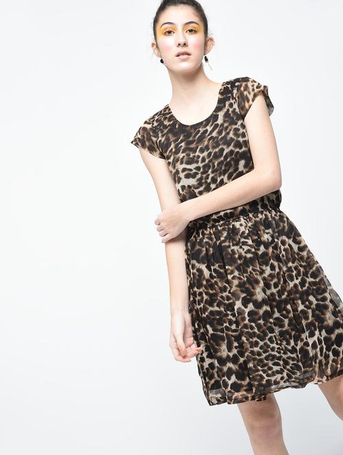brown animal print chiffon fit and flare dress - 12107552 - Very Small Image - 1