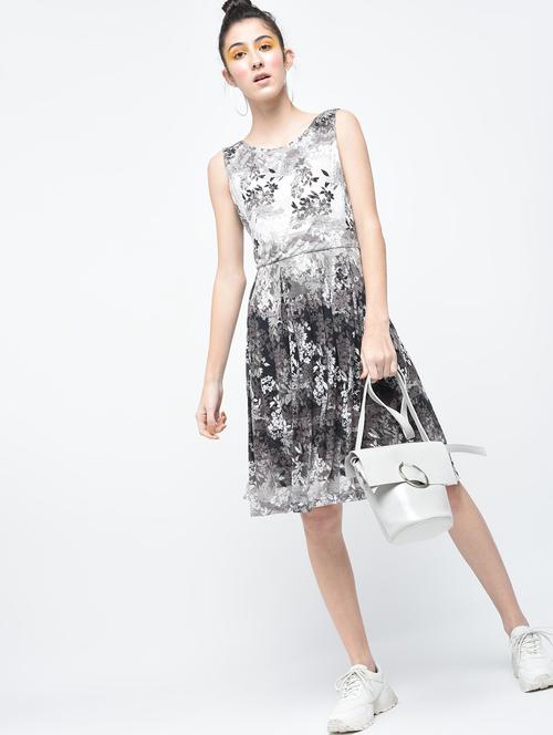 grey printed cotton fit and flare dress - 12107582 - Very Small Image - 1