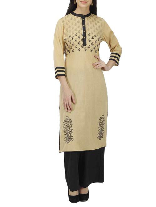 beige cotton straight kurta - 12108459 - Very Small Image - 1