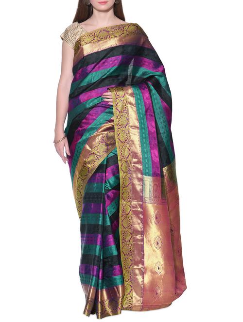 multicoloured pure silk handloom saree with blouse - 12113311 - Very Small Image - 1