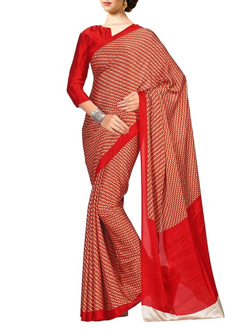 red poly crepe printed saree with blouse - 12114210 - Very Small Image - 1