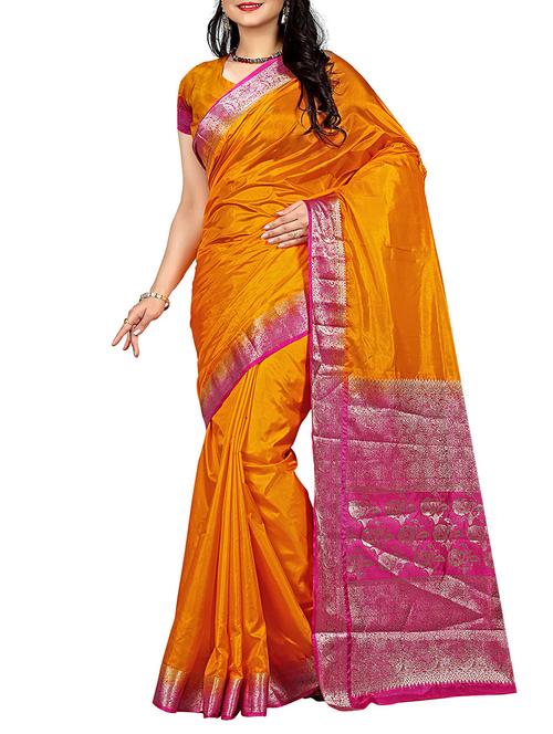 yellow nylon woven saree with blouse - 12114379 - Very Small Image - 1