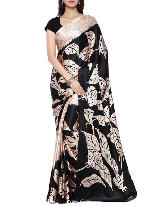 black printed crepe saree with blouse - 12115171 - Very Small Image - 1