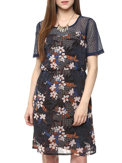 navy blue floral printed blouson dress - 12116970 - Very Small Image - 1