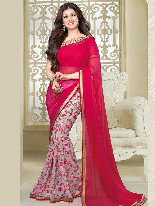 red georgette printed saree with blouse - 12118231 - Very Small Image - 1