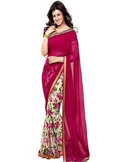red georgette printed saree with blouse - 12118237 - Very Small Image - 1