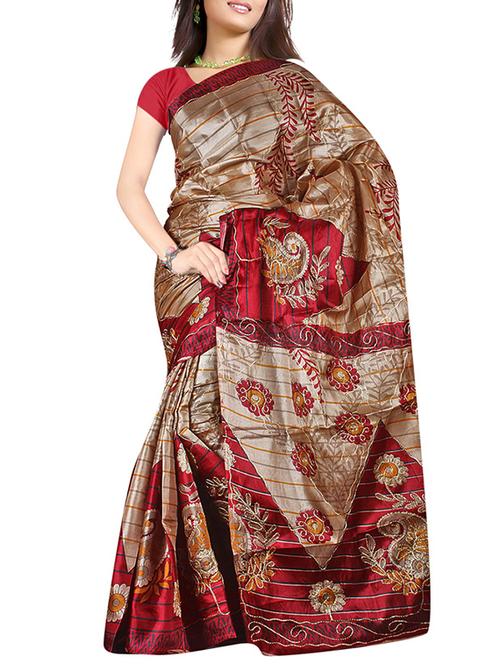 red silk printed saree with blouse - 12118270 - Very Small Image - 1