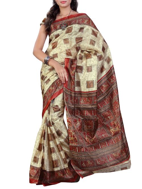 red silk printed saree with blouse - 12118312 - Very Small Image - 1