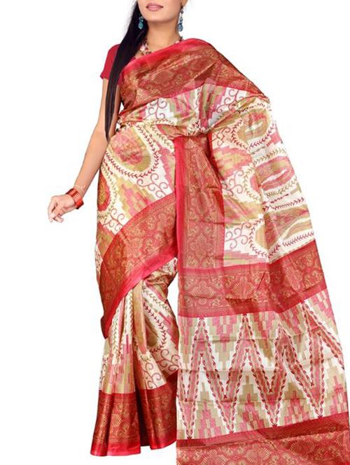 red silk printed saree with blouse - 12118316 - Very Small Image - 1