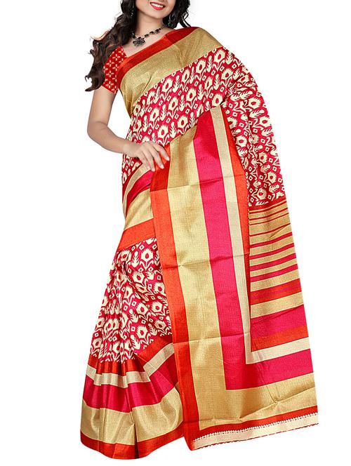 red silk printed saree with blouse - 12118357 - Very Small Image - 1
