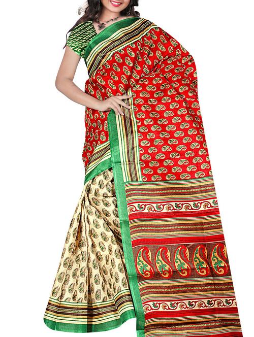 red silk printed saree with blouse - 12118366 - Very Small Image - 1