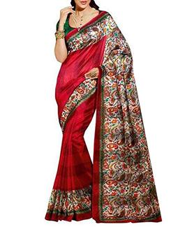 red silk printed saree with blouse - 12118401 - Very Small Image - 1