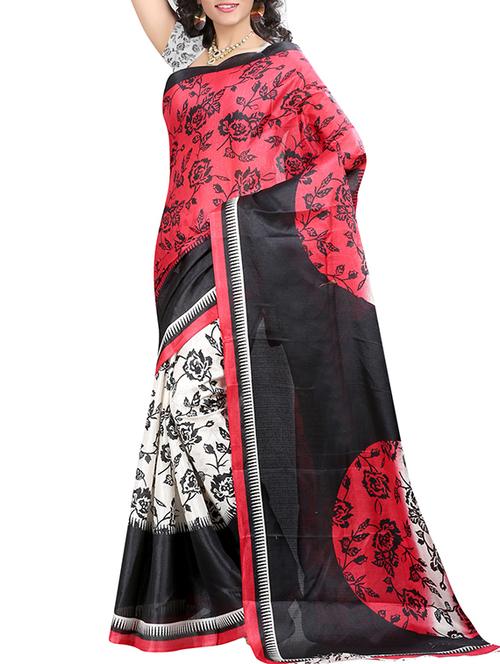 red silk printed saree with blouse - 12118441 - Very Small Image - 1