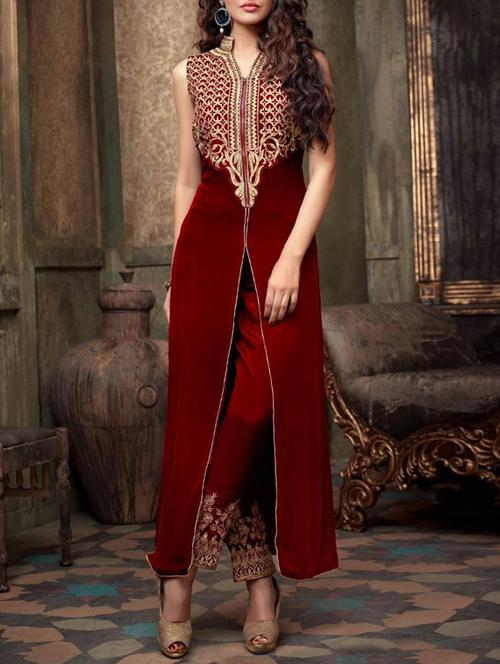 red georgette unstitched suit - 12118602 - Very Small Image - 1