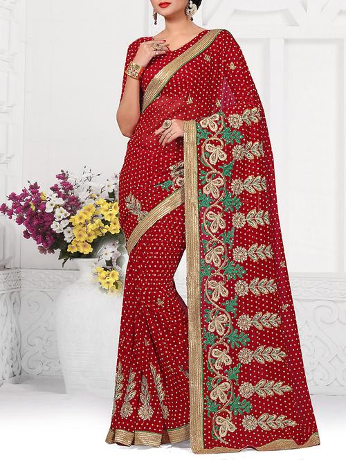 red poly georgette saree with blouse - 12125033 - Very Small Image - 1