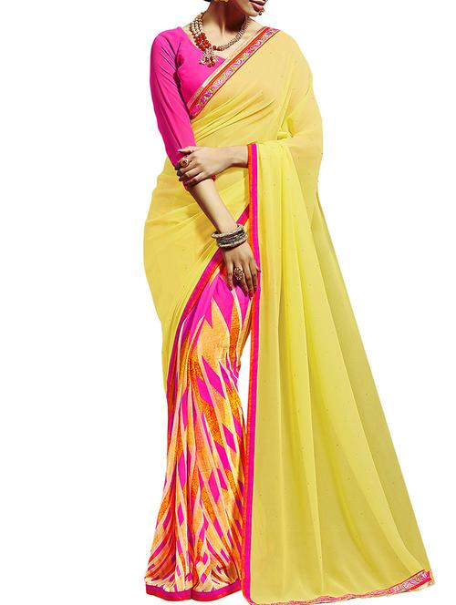 yellow georgette saree with blouse - 12127855 - Very Small Image - 1