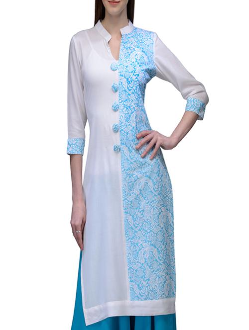 white & blue cotton straight kurta - 12132598 - Very Small Image - 1