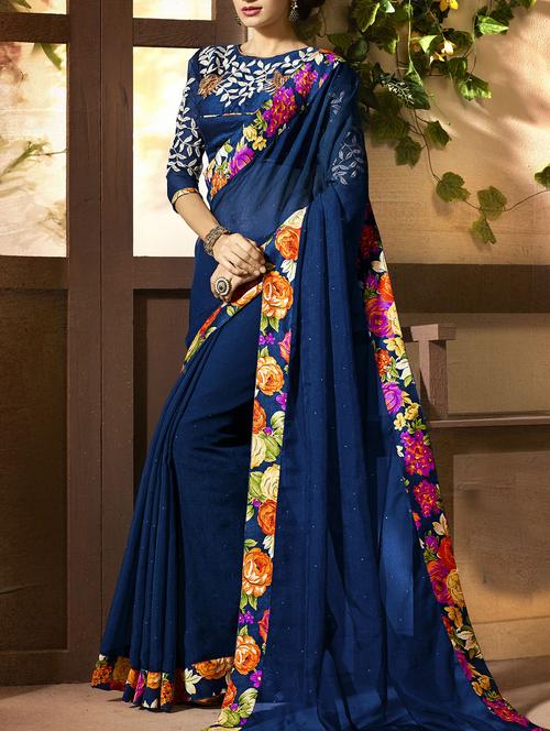 blue net bordered saree with blouse - 12133575 - Very Small Image - 1