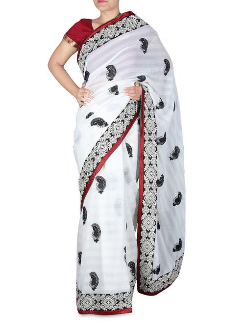 white embroidered chiffon sari - 1213401 - Very Small Image - 1
