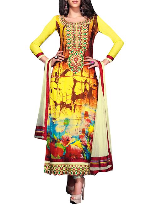 yellow georgette semistitched suit - 12140125 - Very Small Image - 1