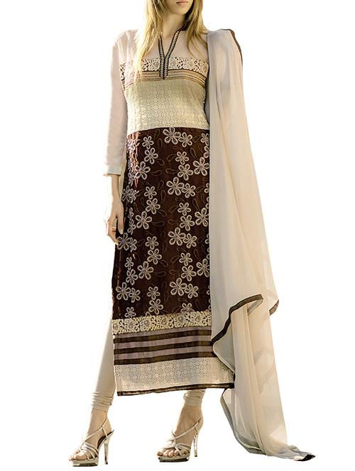 cream georgette semistitched suit - 12140196 - Very Small Image - 1