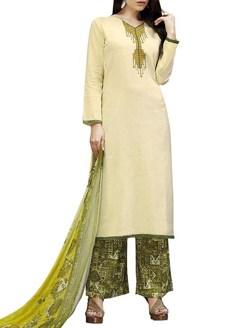 cream cotton semistitched suit - 12140218 - Very Small Image - 1