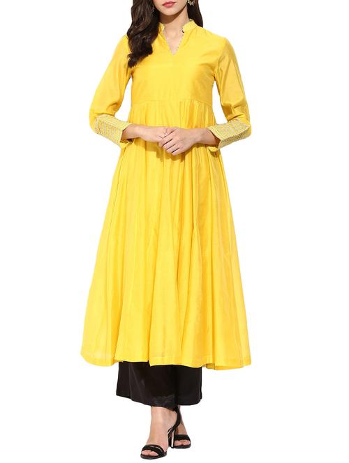 yellow chanderi anarkali kurta - 12140687 - Very Small Image - 1