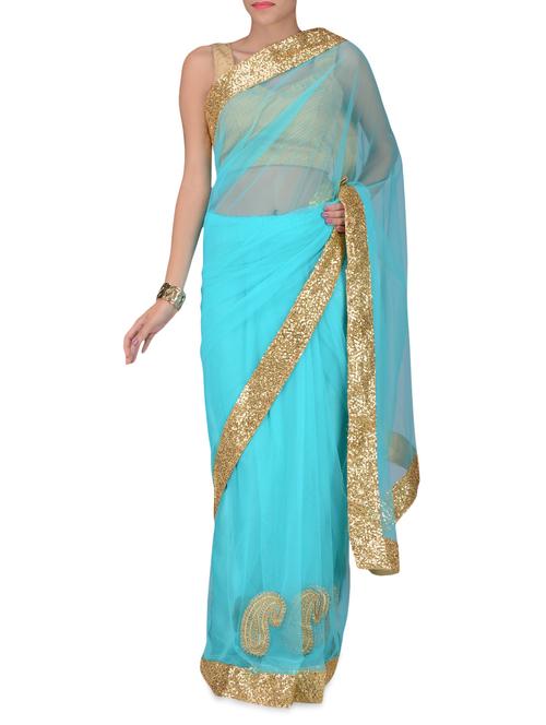 sky blue net saree with sequined border - 1214468 - Very Small Image - 1