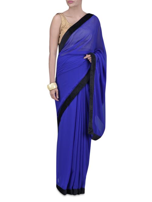 blue polygeorgette sari with lace trim - 1214597 - Very Small Image - 1