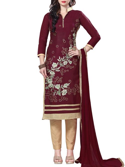 maroon cotton unstitched suit - 12149673 - Very Small Image - 1