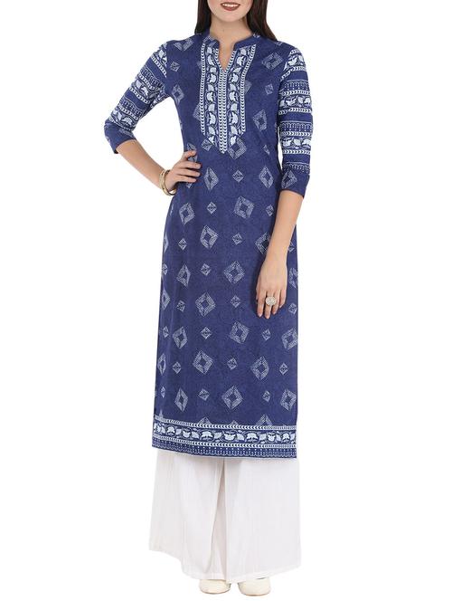 indigo cotton straight kurta - 12149727 - Very Small Image - 1