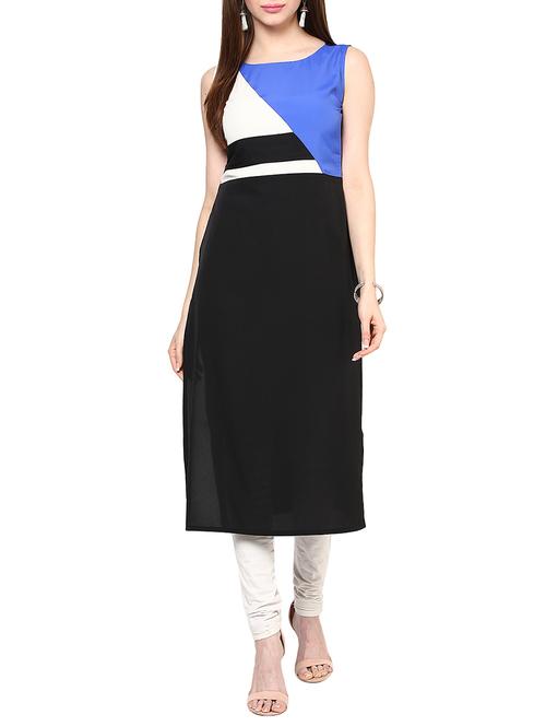 black crepe colour block straight kurta - 12150600 - Very Small Image - 1