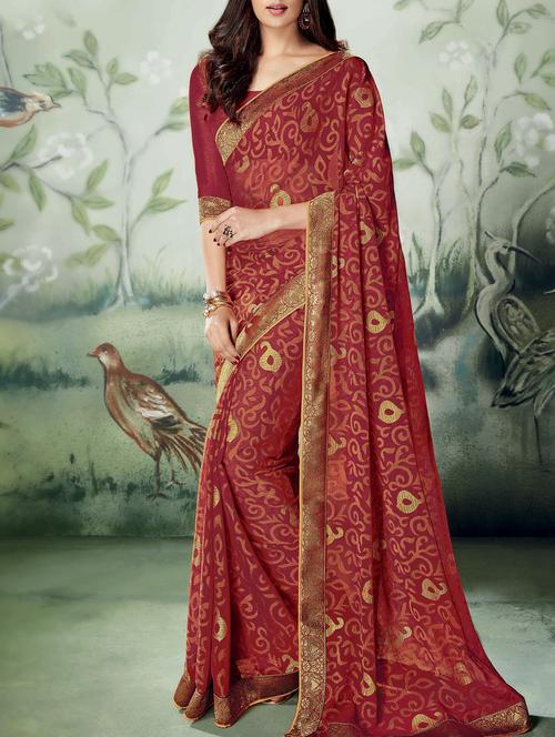 maroon chiffon saree with blouse - 12153995 - Very Small Image - 1