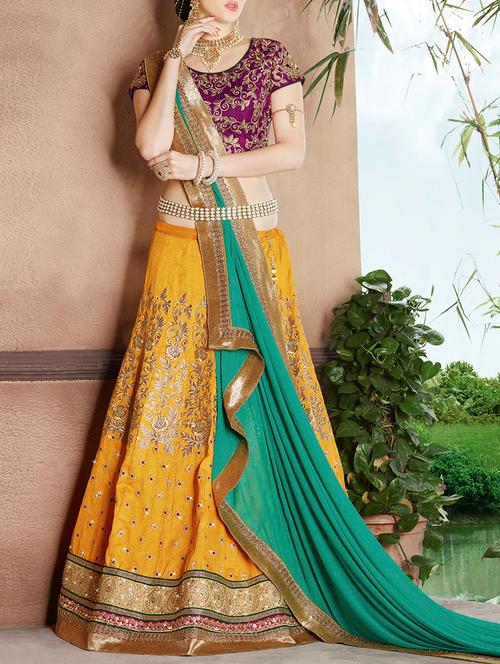 yellow raw silk flared lehenga - 12154656 - Very Small Image - 1