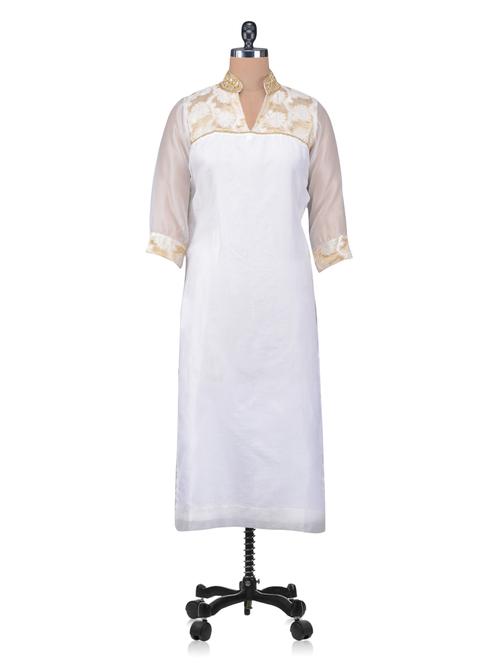 white chanderi kurta with jacquard panel - 1215554 - Very Small Image - 1