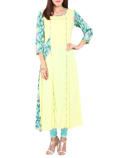 yellow rayon floral printed long kurta - 12164768 - Very Small Image - 1