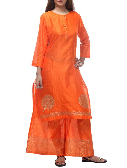 orange dupion hand block printed kurta - 12165641 - Very Small Image - 1