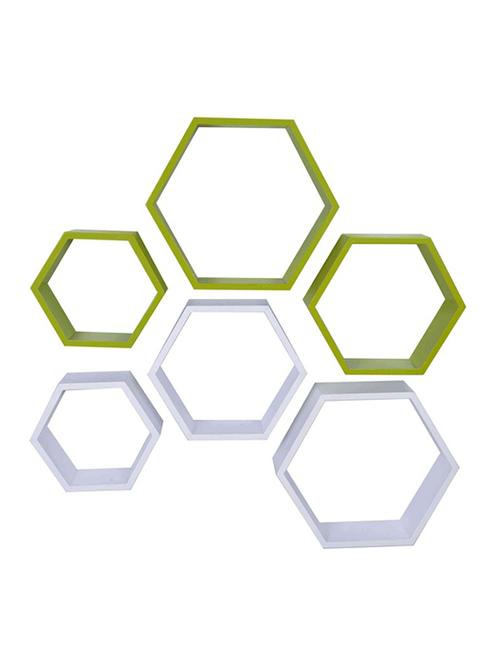 desi karigar wall mount shelves hexagon shape set of 6 wall shelves - white & green - 12167683 - Very Small Image - 1
