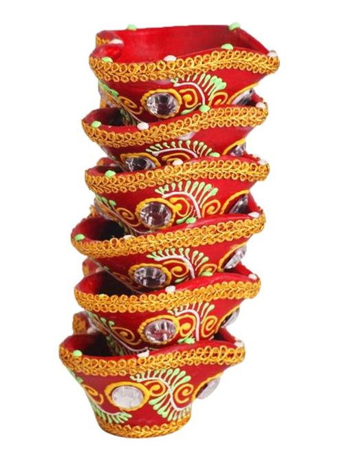 hand painted diya earthen ware set of 6 - 12173492 - Very Small Image - 1