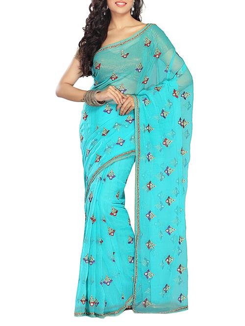 Sky Blue Chiffon Embroidered Saree With Blouse - 12173963 - Very Small Image - 1