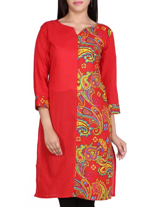 red cotton straight kurta - 12176075 - Very Small Image - 1